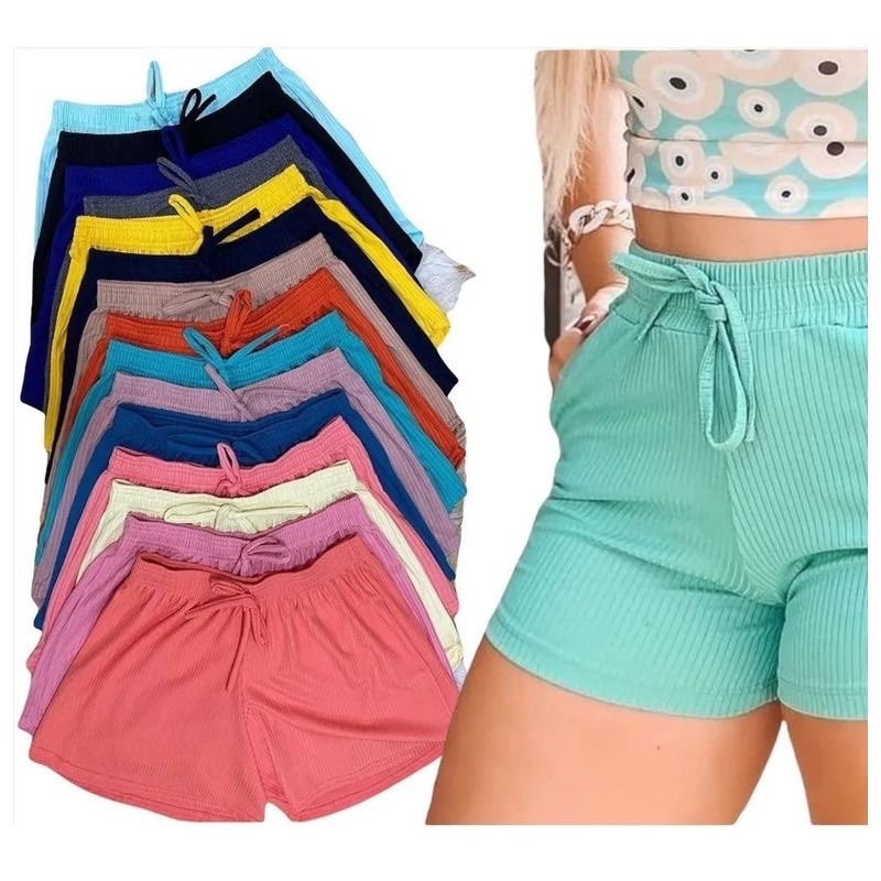 kit 3 unidades short canelado bermuda  feminina cores variadas