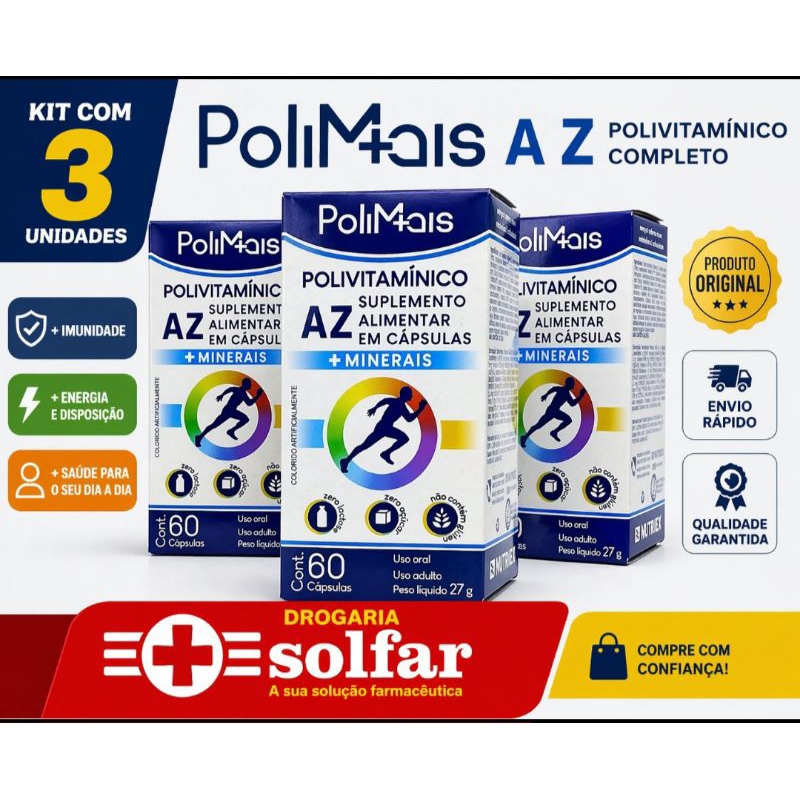 Polimais A/Z kit c/3 Multivitamínico  /60 Cápsulas Original + Imunidade Energia | Drogaria Solfar