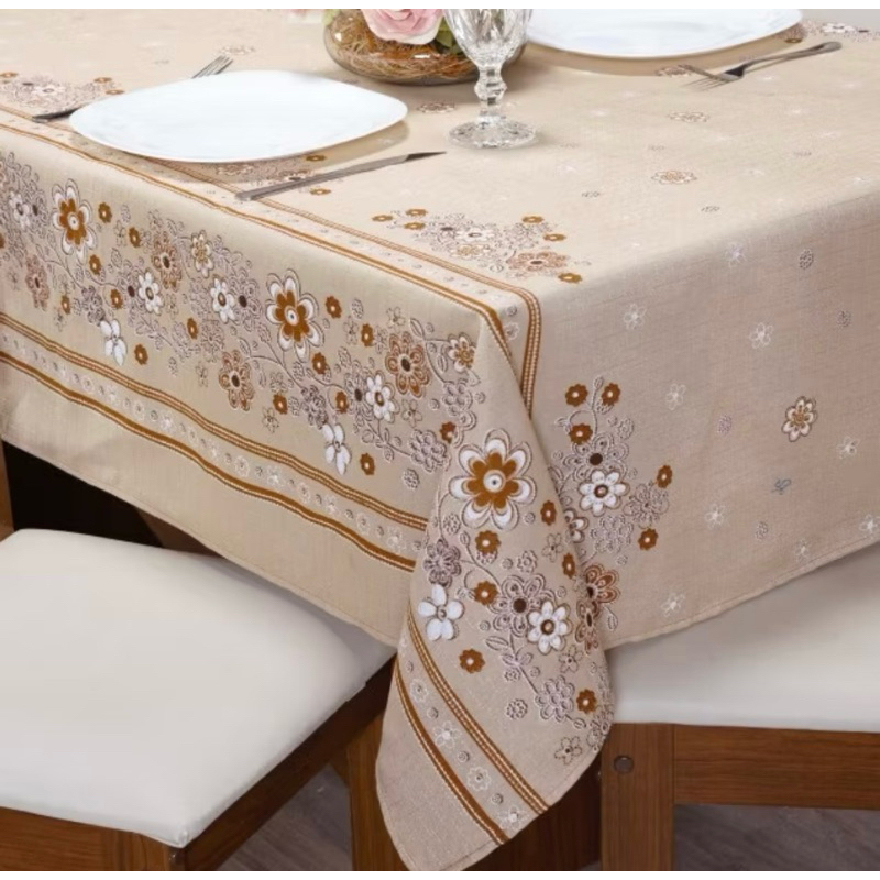 Toalha de Mesa Retangular Floral Bege 4 a 6 Lugares Impermeável Decorativa Cozinha Sala Jantar
