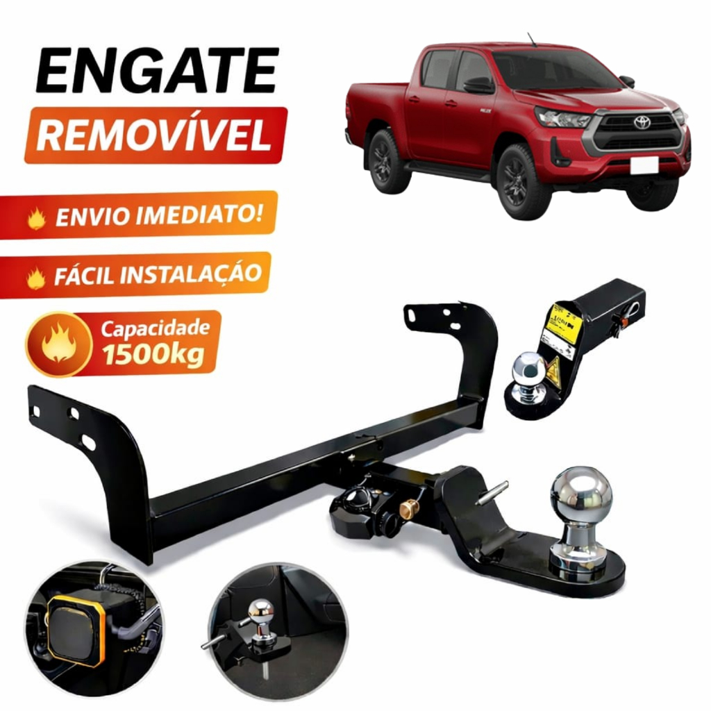 Engate Reboque Removível Toyota Hilux Pick-up 2005 à 2025 1500kg Rabicho Novo Completo Não Fura Reforçado