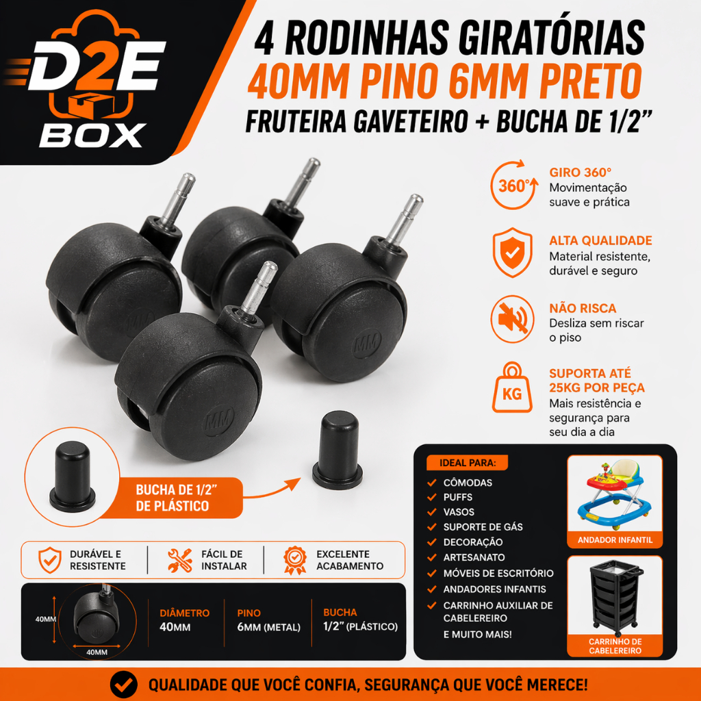 Rodízio Giratório 40mm com Pino e Bucha Reforçada