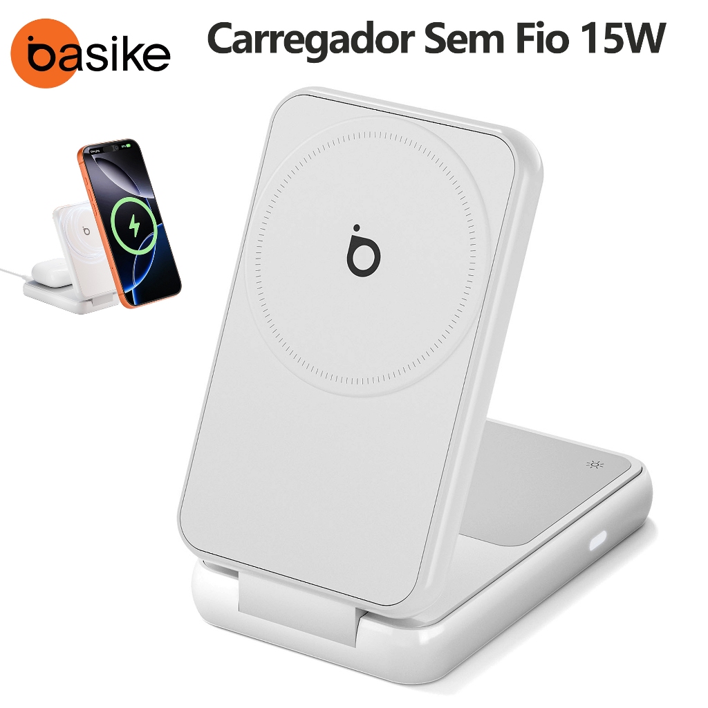 Basike Carregador Sem Fio Magnético 15W Turbo, 2 em 1 com Luz Noturna e Dobrável, Suporte MagSafe Qi2 com Samsung/Apple