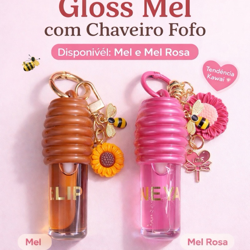 Lip Gloss Mel com Chaveiro Fofo Hidratante Brilho Labial (Mel e Mel Rosa)