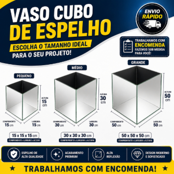 Vaso Cubo Cachepot  Espelhado Decorativo 15x15 / 30x30 / 50x50 cm | Cachepot Luxo Vidro Espelho Alto Brilho Sob Medida