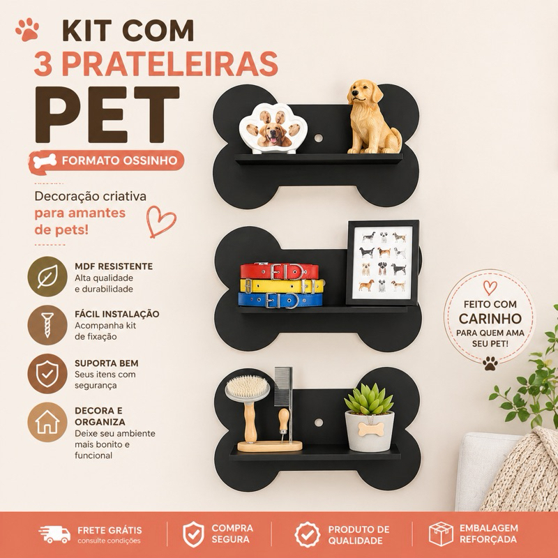 Kit 3 Prateleiras Pet Ossinho MDF | Nicho Decorativo Cachorro | Prateleira Parede Pet Shop Quarto Sala