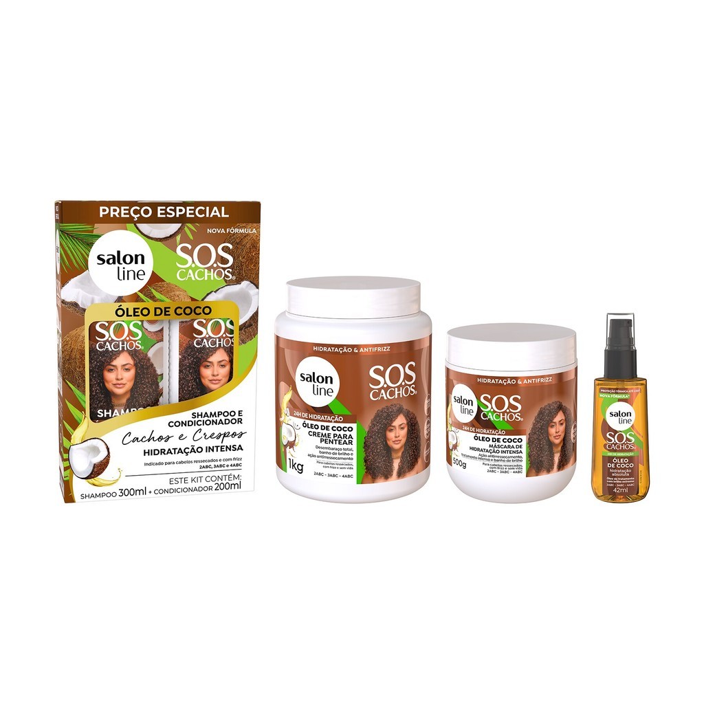 Kit SOS Cachos Coco com Shampoo e Condicionador, Máscara, Óleo e Creme para pentear