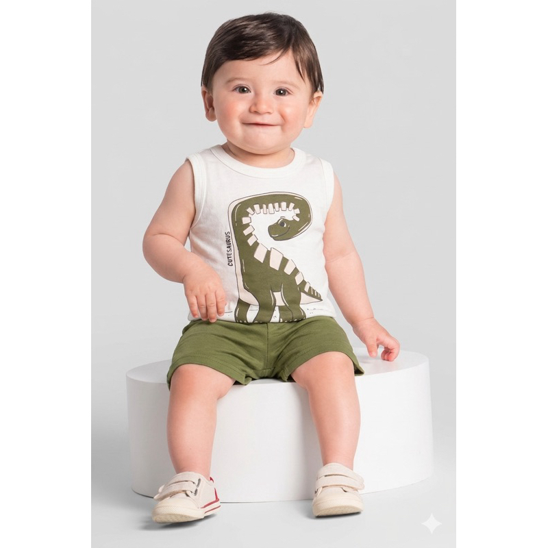 Conjunto Infantil Bebê Dinossauro Regata + Shorts Masculino Confortável