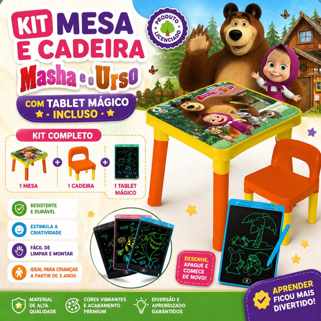 Kit Mesa e Cadeira Infantil Masha e o Urso+Tablet Mágico Educativo Desenho Produto Licenciado Unisex