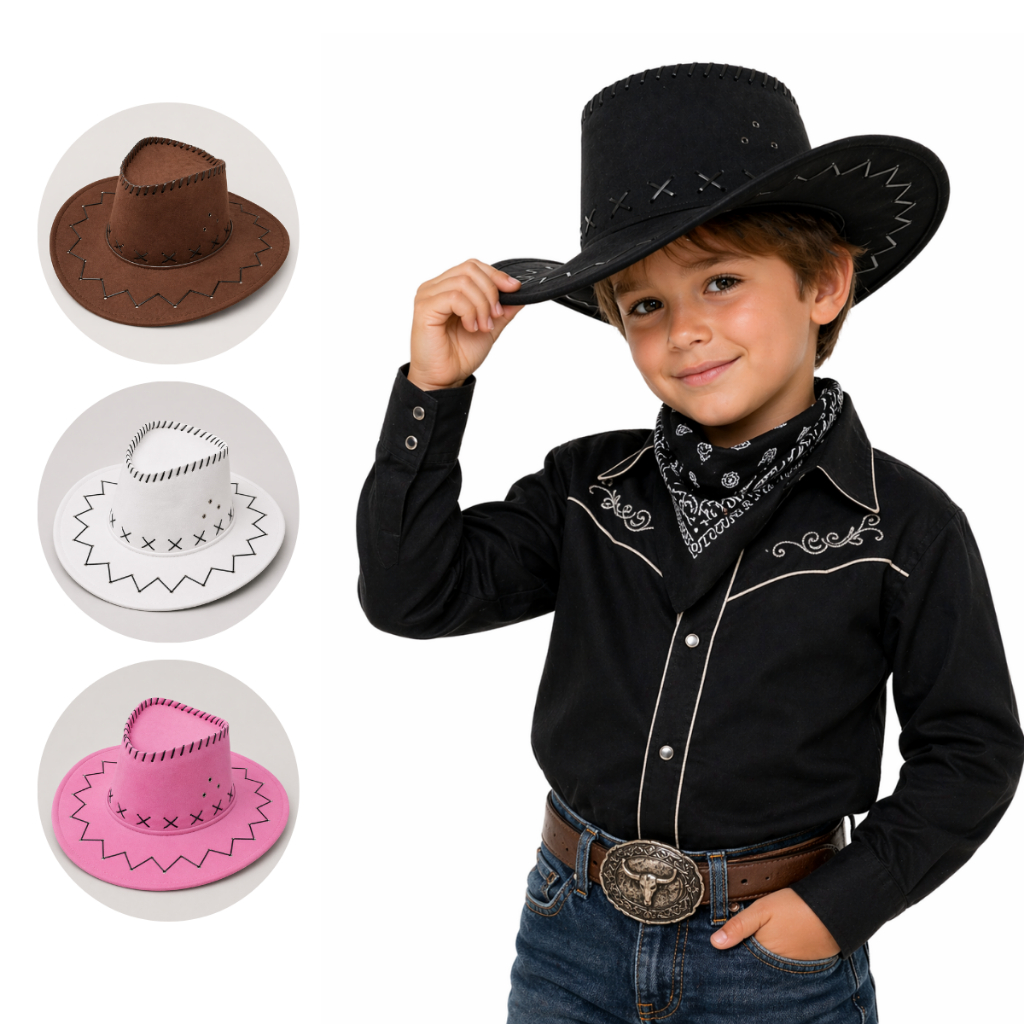 Chapéu Country de Cowboy Infantil de Camurça Vaqueiro Fantasia Festas com Aba Larga Escola Apresentação Festa Junina