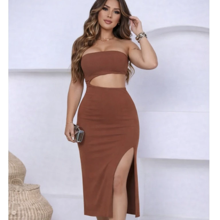 Vestido Feminino Grécia Canelado Premium Tomara que Caia Fenda na Lateral — imagem 1