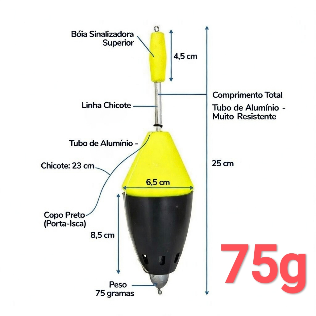 Boia de Pesca Cevadeira Pesqueiro 75g Tamba Pacu Ração Chicote Anteninha Castor Arremesso Superficie