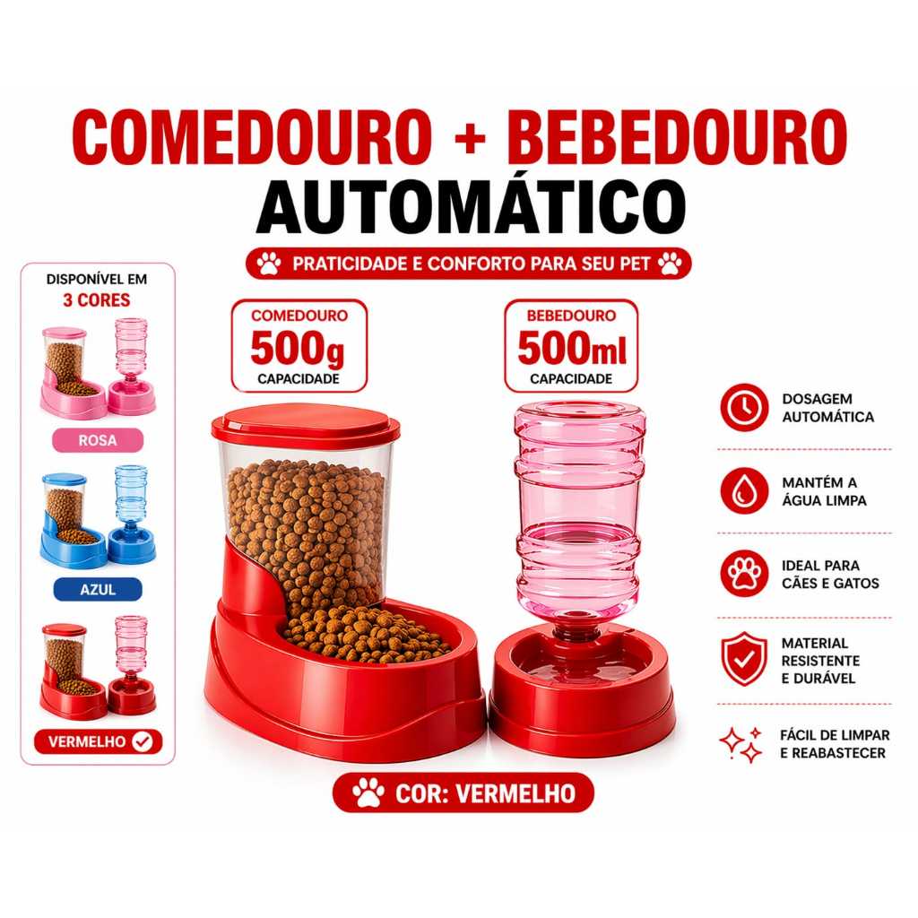 Comedouro e Bebedouro Four Automático para Cães e Gatos Não Molha os Pêlos