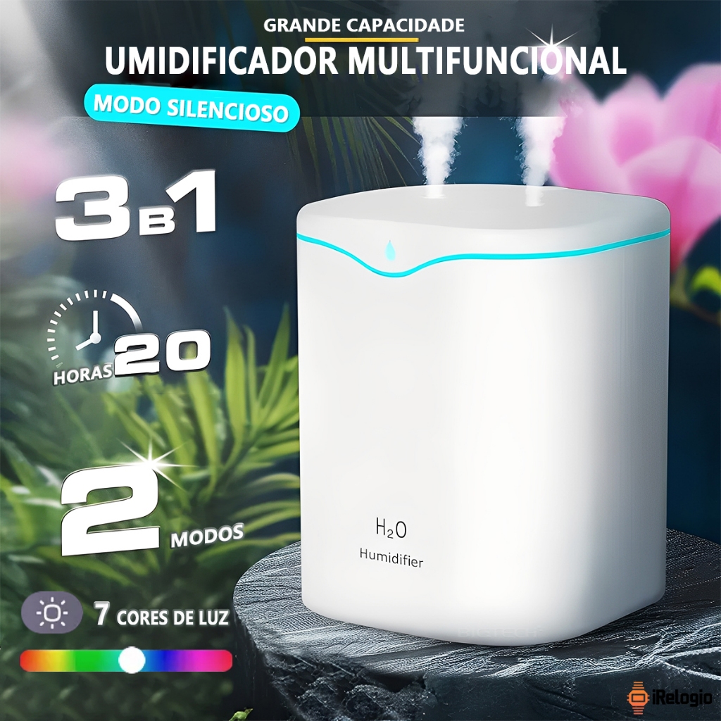 Umidificador De Ar Ultrassonico Grande 2 Litros Com Bicos Dupla Difusor De Aroma Luzes LED's Coloridas Silencioso