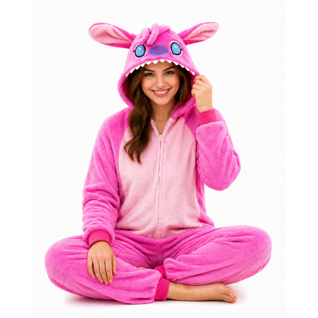 Pijama Kigurumi Stitch Angel Feminino Rosa Plush Adulto