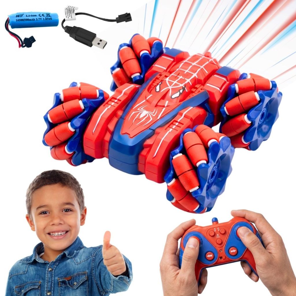 Carrinho De Controle Remoto 4x4 Giro 360 Acrobata Maluco Homem Aranha Manobras Luz Led Stunt Car