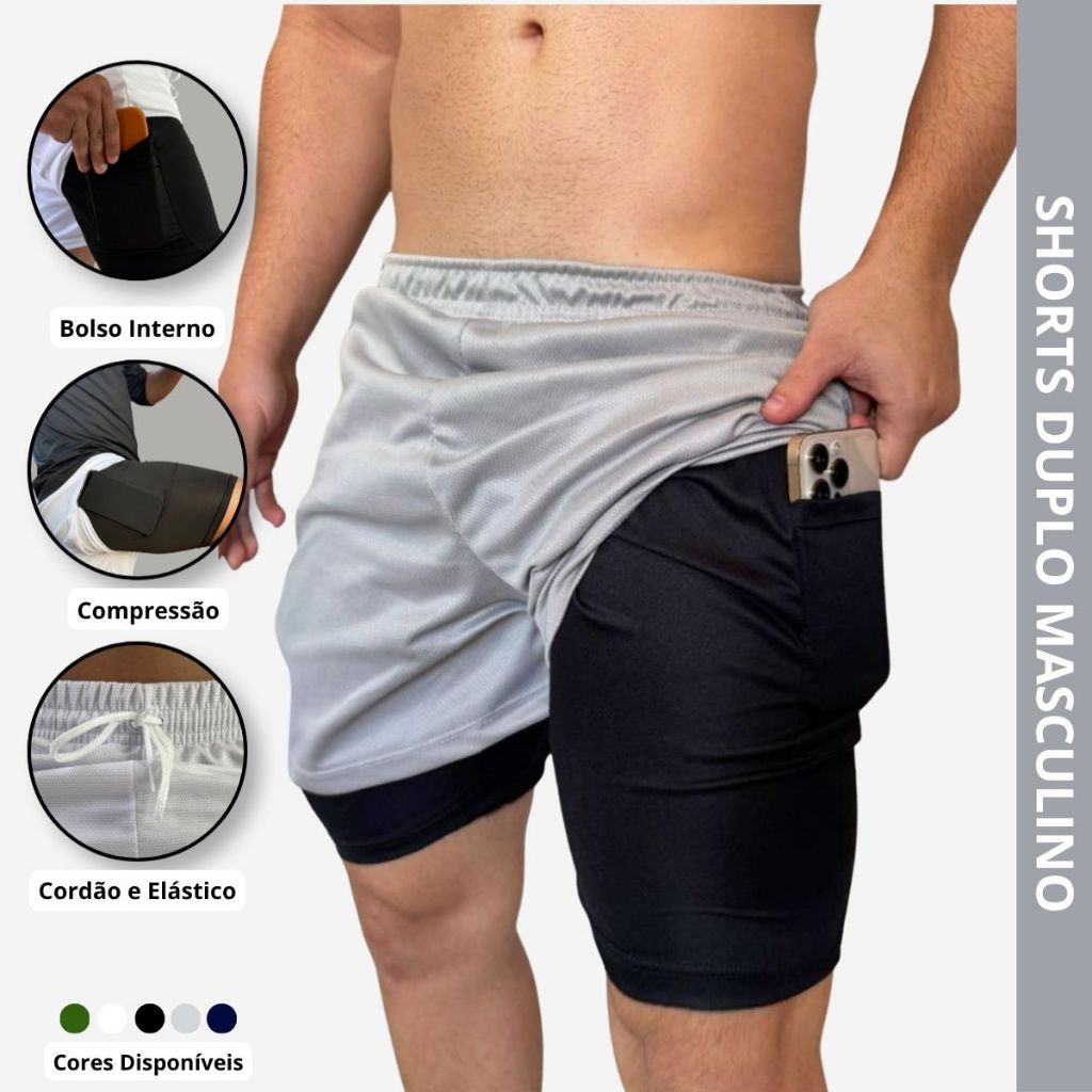 SHORT MASCULINO DUPLO ACADEMIA BERMUDA 2 EM 1 Treino Sport Fit Dry Fit com Elastano e Proteção UV