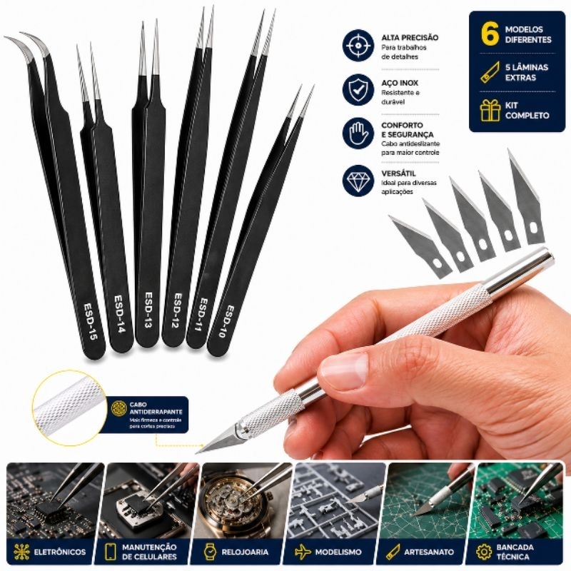 Estilete De Precisão Bisturi 5 Laminas + 6 Pinças Artesanato Bijuterias
