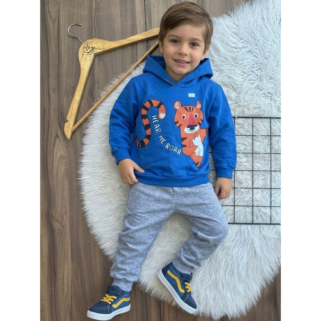 conjunto moletom infantil com capuz menino inverno azul/cinza tigre