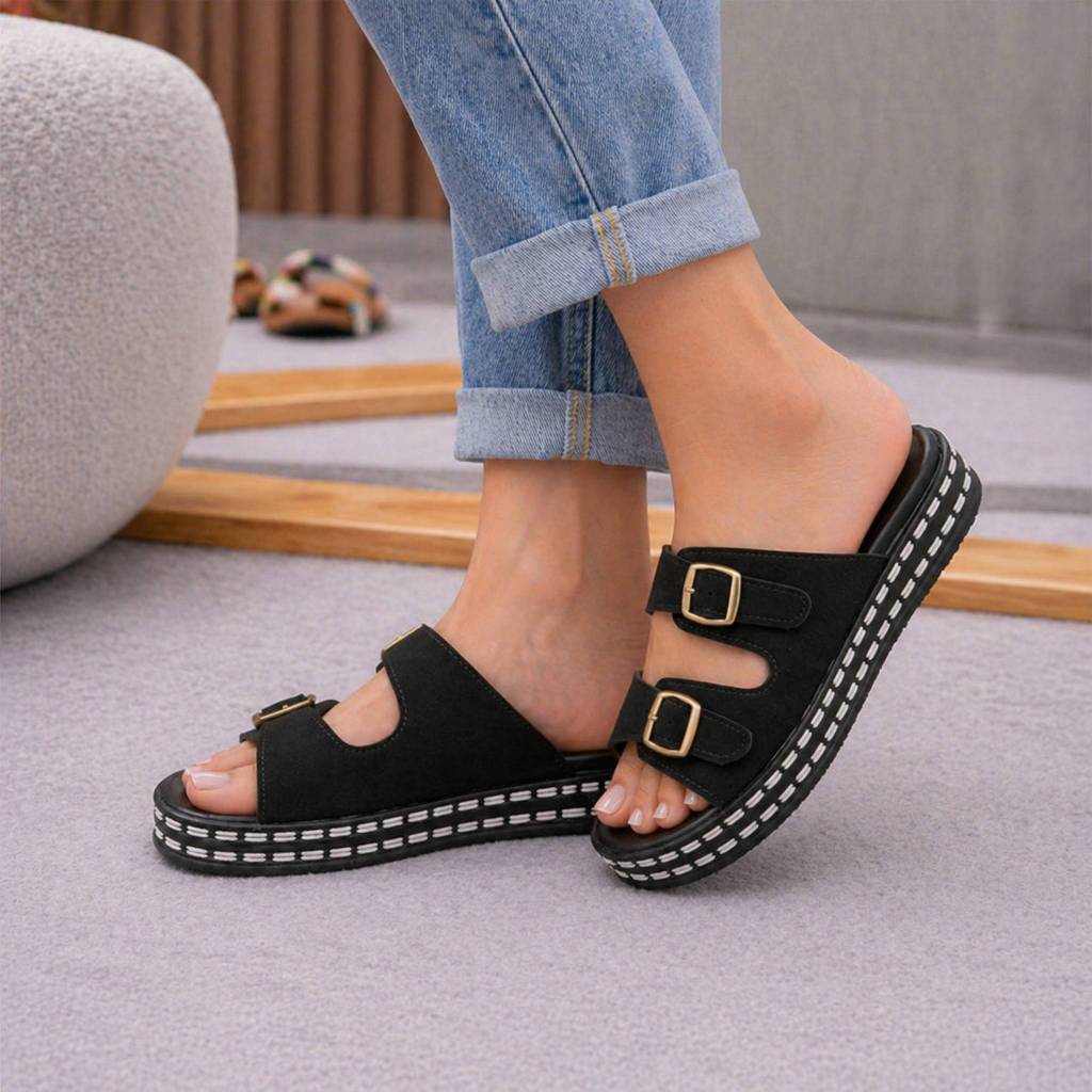 Tamanco Anabela Feminino Ajuste Fivela Plataforma Flatform Sandália Solado Corda Tratorado Confortável