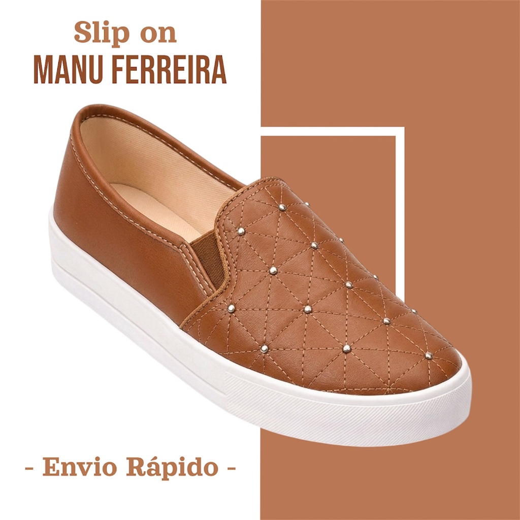 Slip on feminino confortável marrom caramelo com pedrarias casual calce fácil dia a dia