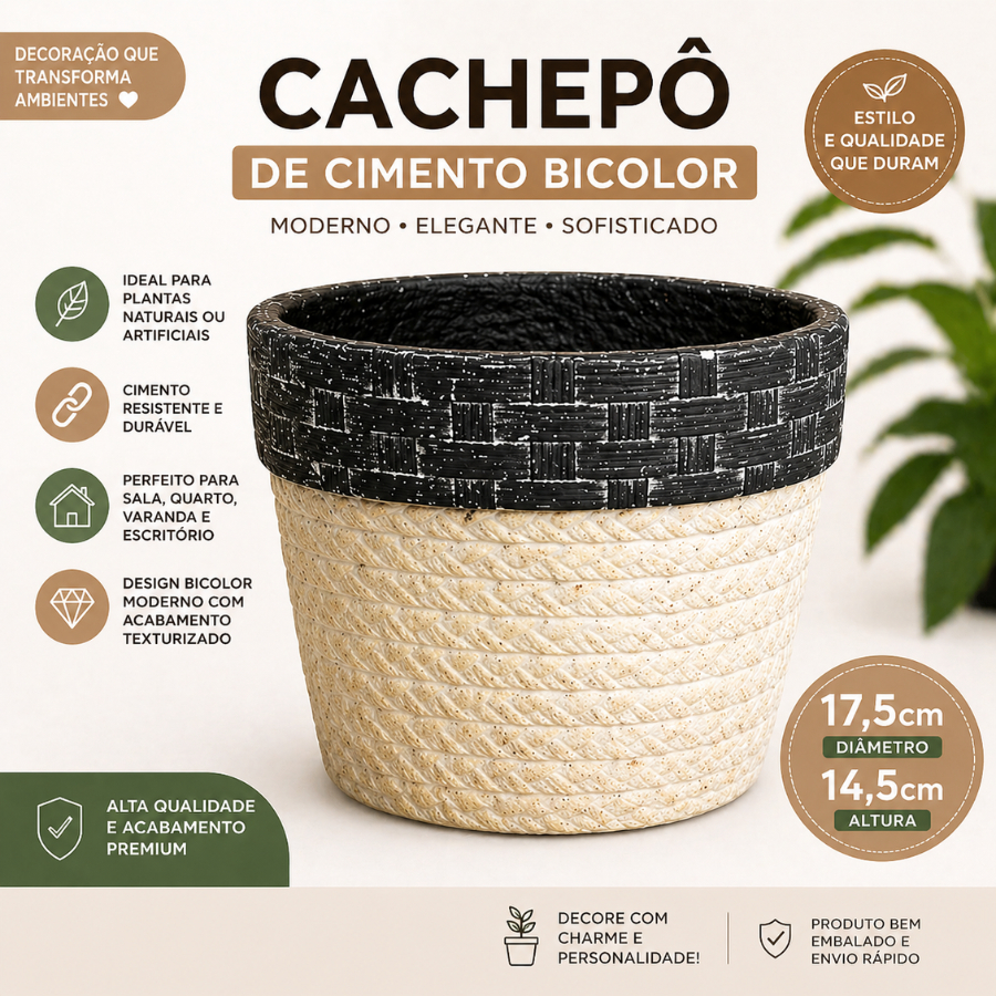 Cachepot de Cimento Bicolor Premium 17,5cm Vaso Decorativo Moderno para Plantas Sala Jardim Luxo
