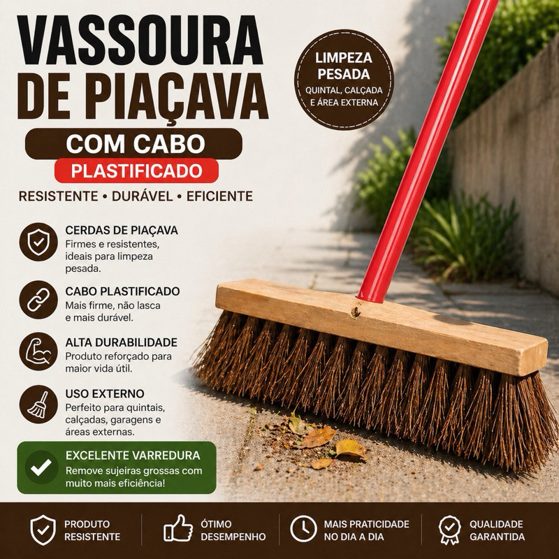 Vassoura Piaçava 40cm com Cabo Reforçada Profissional Para Quintal Calçada Área Externa