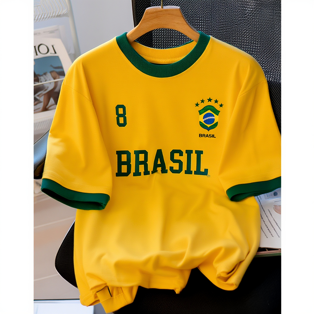 Camiseta Copa do Mundo Brasil Futebol Algodão Seleção Brasileira Número 8 Casual Streetwear
