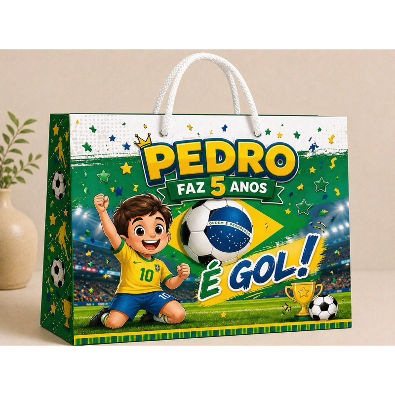 Sacola Personalizada Futebol Infantil Pedro 5 Anos – Tema Brasil, Festa Futebol, Sacolinha Lembrancinha