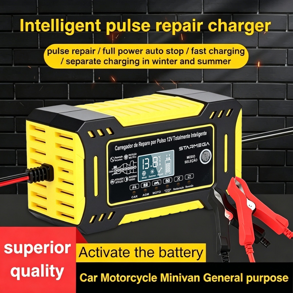 Carregador Inteligente de Bateria 12V 6A Automotivo com Display LCD e Função Pulso