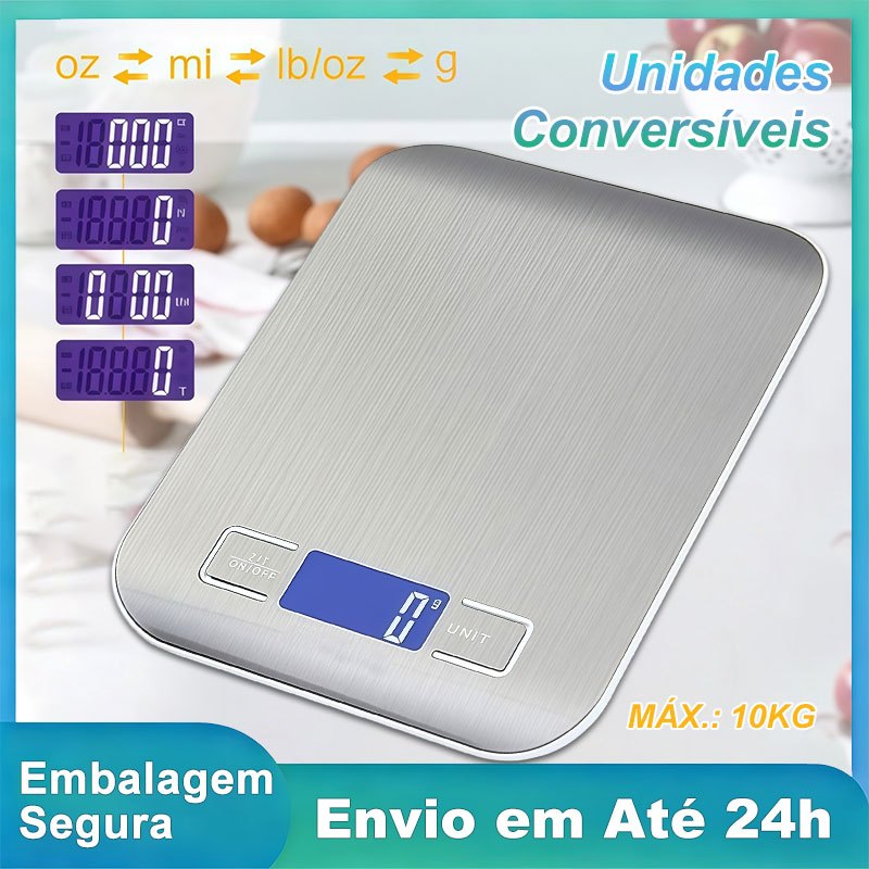 Balança Digital de Cozinha Inox Alta Precisão Com Visor Digital de Ate Aço Inoxidável 10Kg