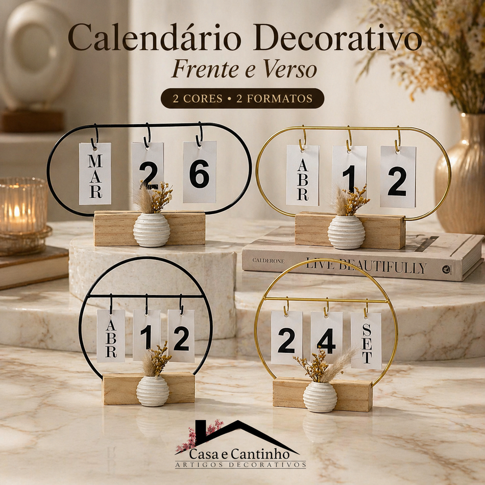 Calendário de Mesa Decorativo com Plaquinhas Dupla Face Gold/Black Florido Permanente Escritório