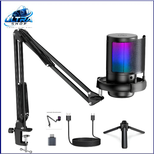 Microfone de Mesa RGB Com Condensador, Cancelamento de Ruído e Braço Articulável LAY ME6P