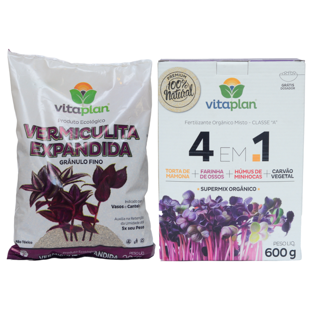 Vermiculita Expandida 200g + Fertilizante 4 em 1 Torta de Mamona Farinha de Osso Humus de Minhoca Carvão Vegetal 1kg