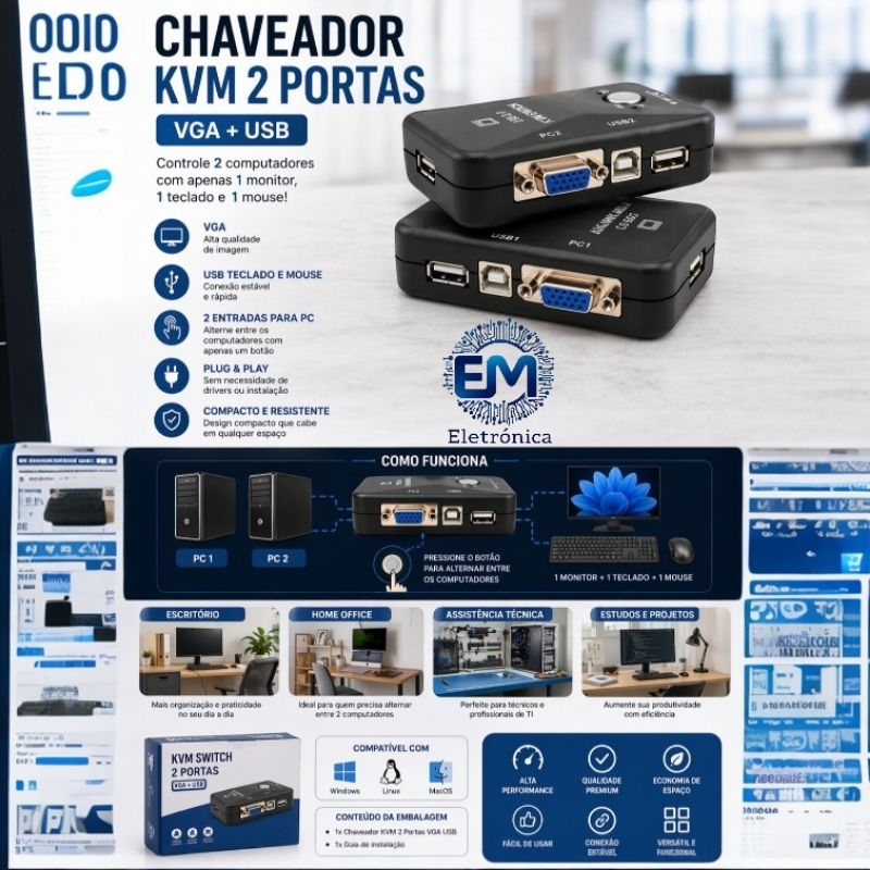 Chaveador Switch Kvm 2 Portas Vga + 2 Usb Monitor Mouse Etc.