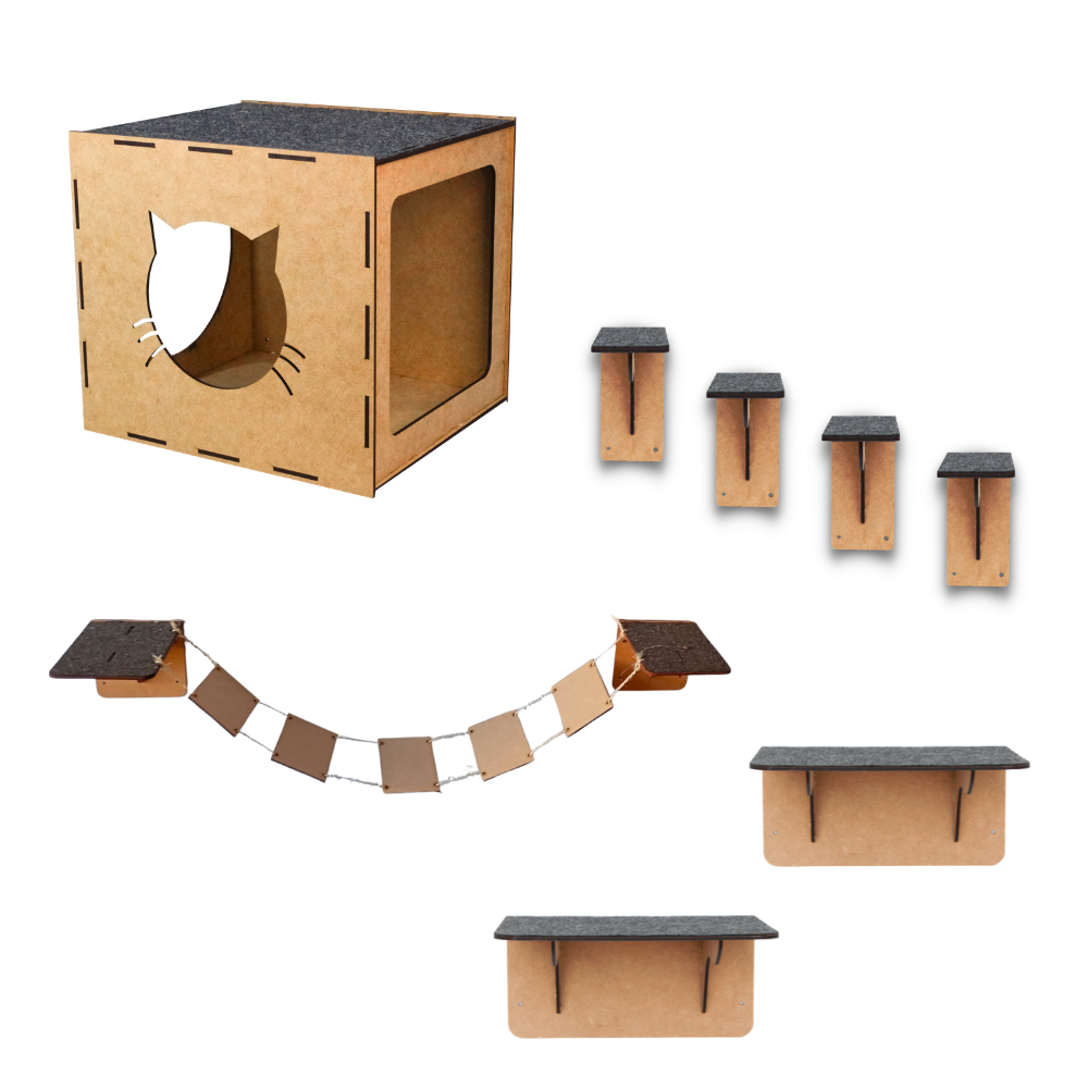 Playground Gatos 8 Peças Kit Playground Parede Brinquedo com Casinha Ponte Prateleiras Degraus Mdf