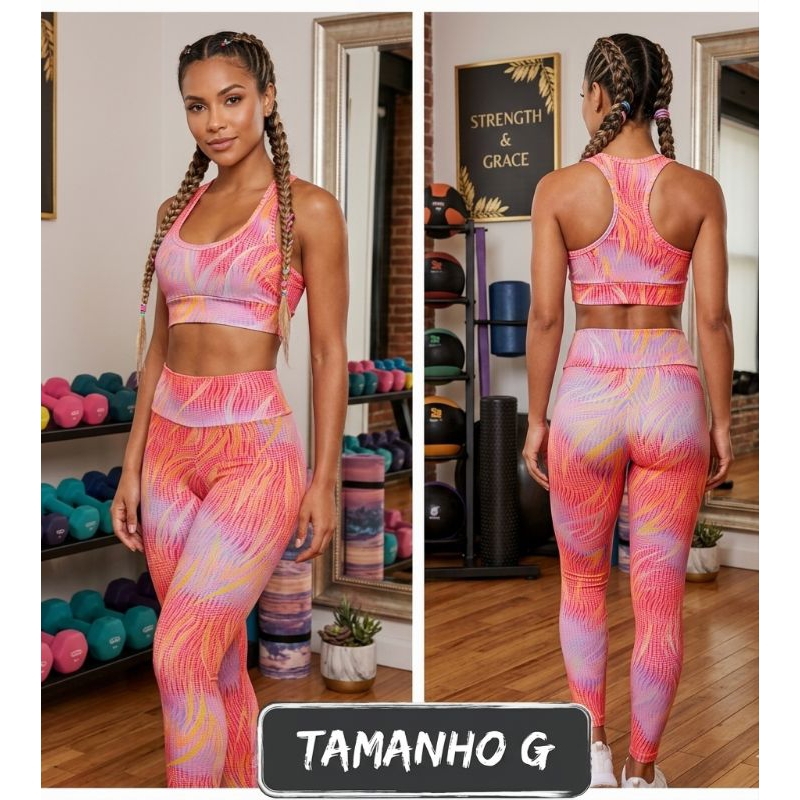 Conjunto Academia Feminino Legging + Top Sem Bojo Estampado Cintura Alta