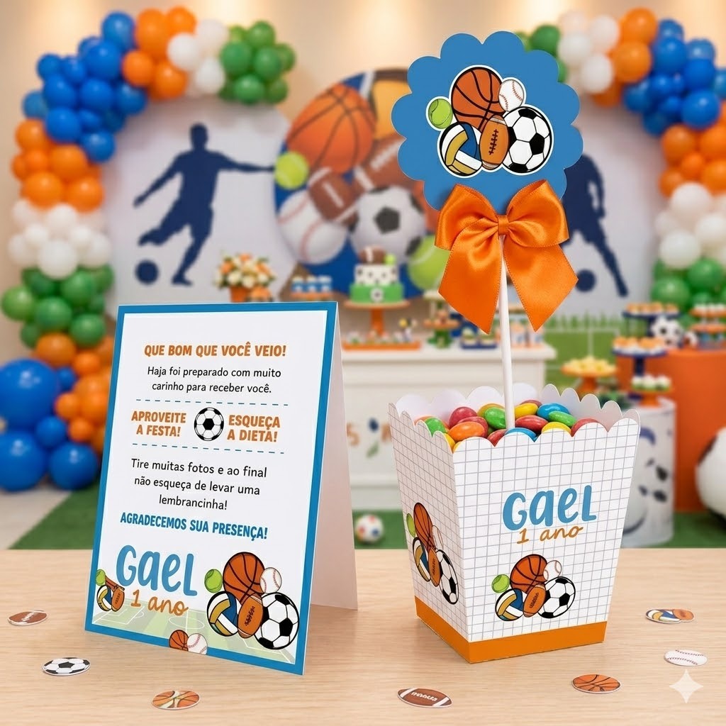 Kit Centro de mesa + Plaquinha de mesa BOLAS ESPOTIVAS ESPORTES FUTEBOL Personalizado