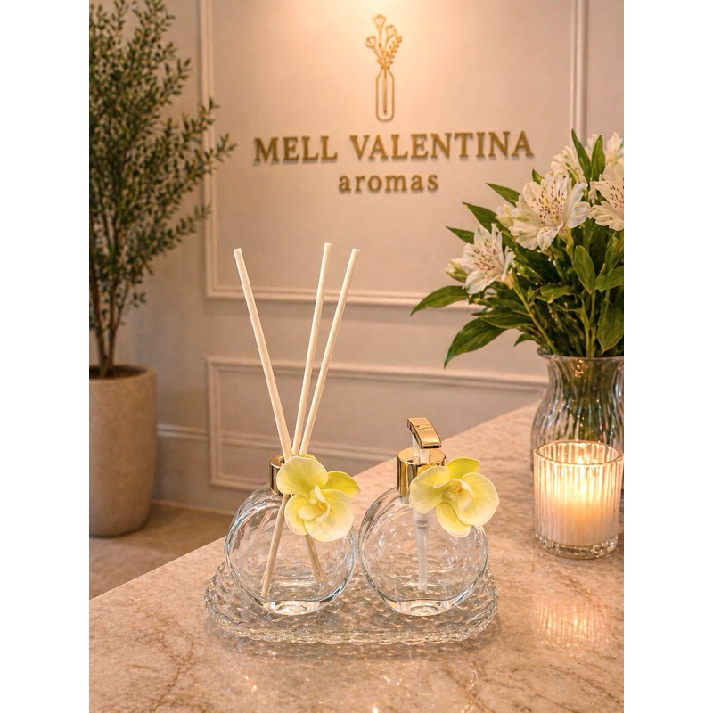 Kit Lavabo Orquídea Luxo Vidro Bandeja + Difusor e Saboneteira Decoração Banheiro Elegante