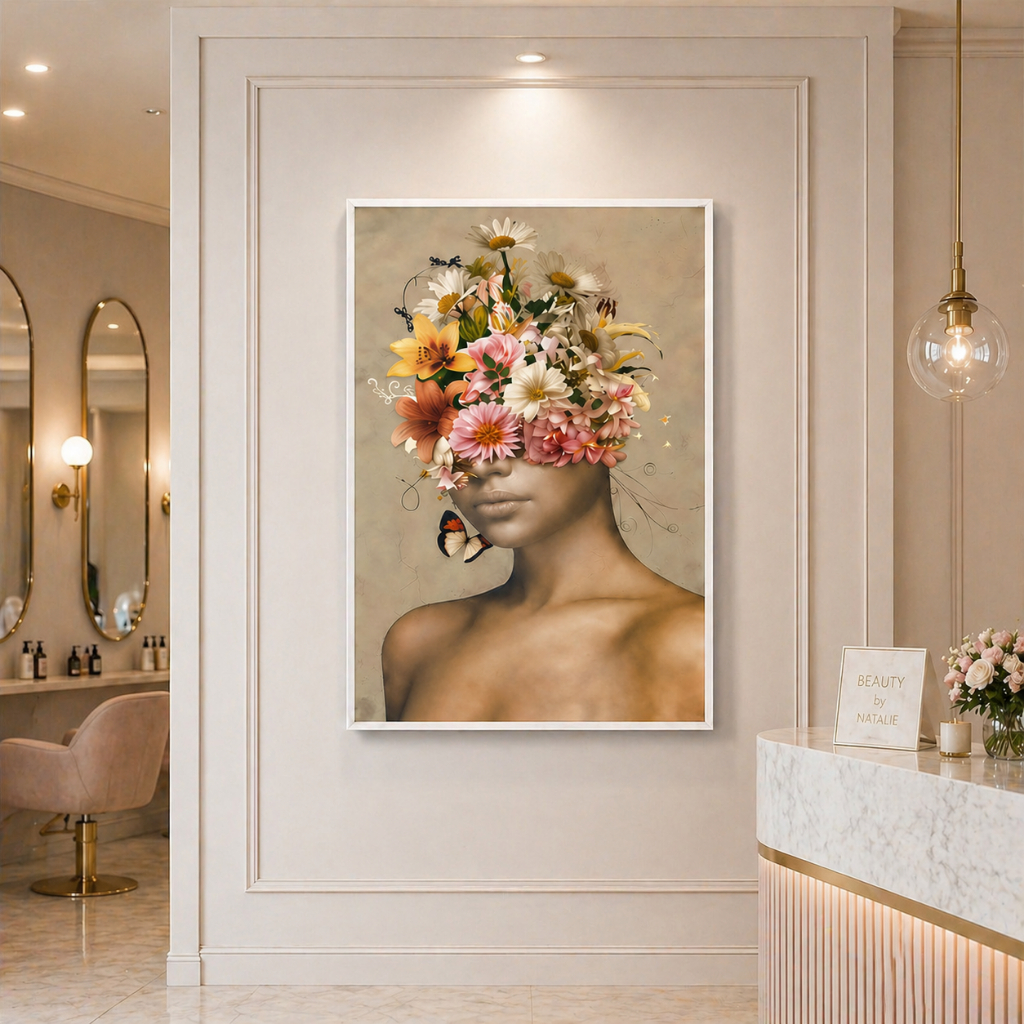 Quadro Decorativo Mulher com Flores Moldura Sala Quarto Escritorio