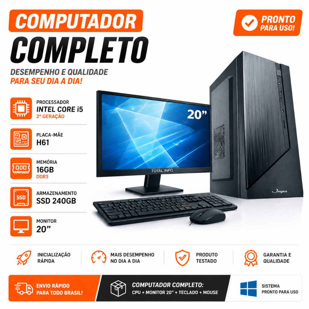 Computador Completo Intel Core I5 2ª H61 16gb Ssd 240gb Monitor 20''
