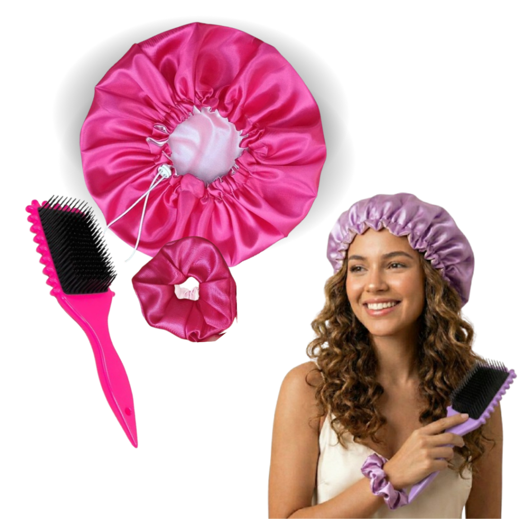 Kit Fitagem Cachos  Escova + Touca Dupla + Scrunchie Cetim Definição de Cachos Oferta Dia do Consumidor
