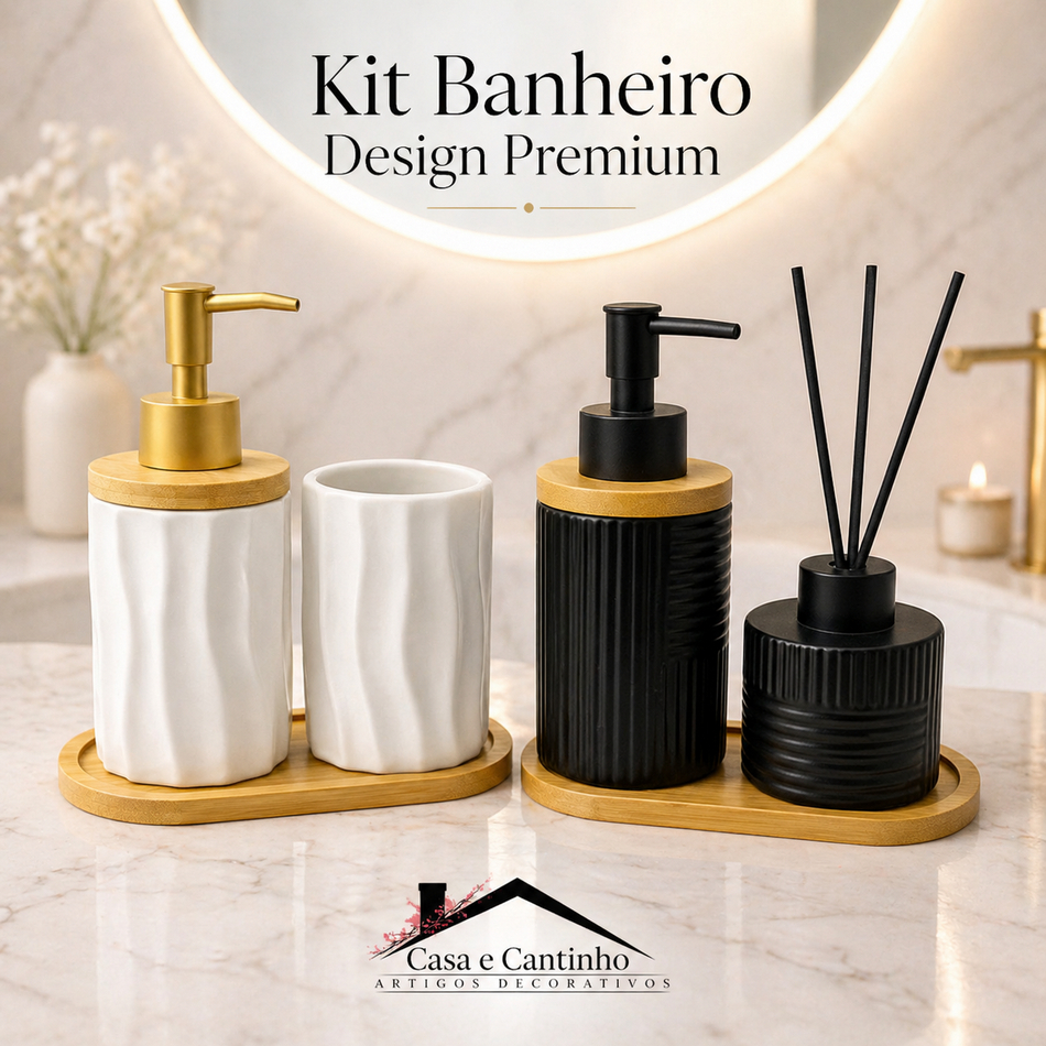 Kit Banheiro Lavabo Porta Sabonete liquido Dispenser e Porta Escova de Dente Cerâmica Decoração