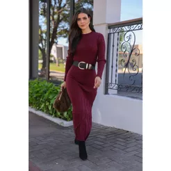 Vestido Feminino de Tricot Modal com Manga Longa Elegante 12 Botões Fenda Ajustável Inverno Essência