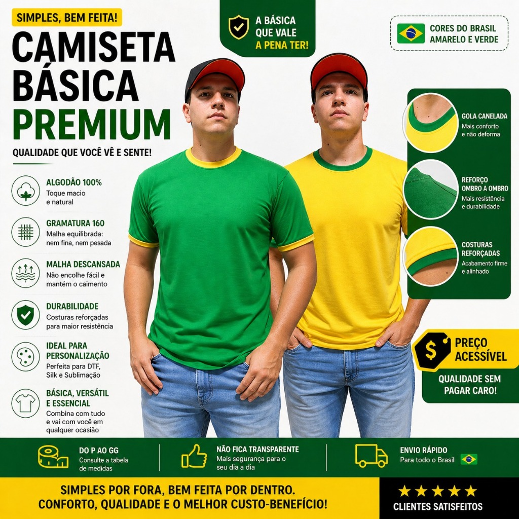 Kit 02 Camisetas Básicas 100% Algodão Fio 30.1 sem estampa para Personalização Lisa Malha de Qualidade