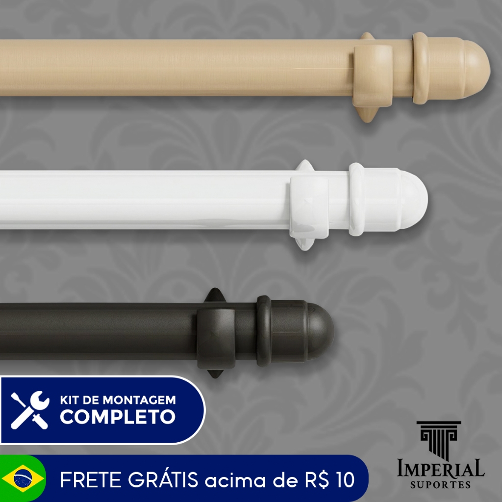 Varão de Cortina 2,00 Metros Branco Preto Resistente 19mm Completo Cortinas com Ponteira e Suporte