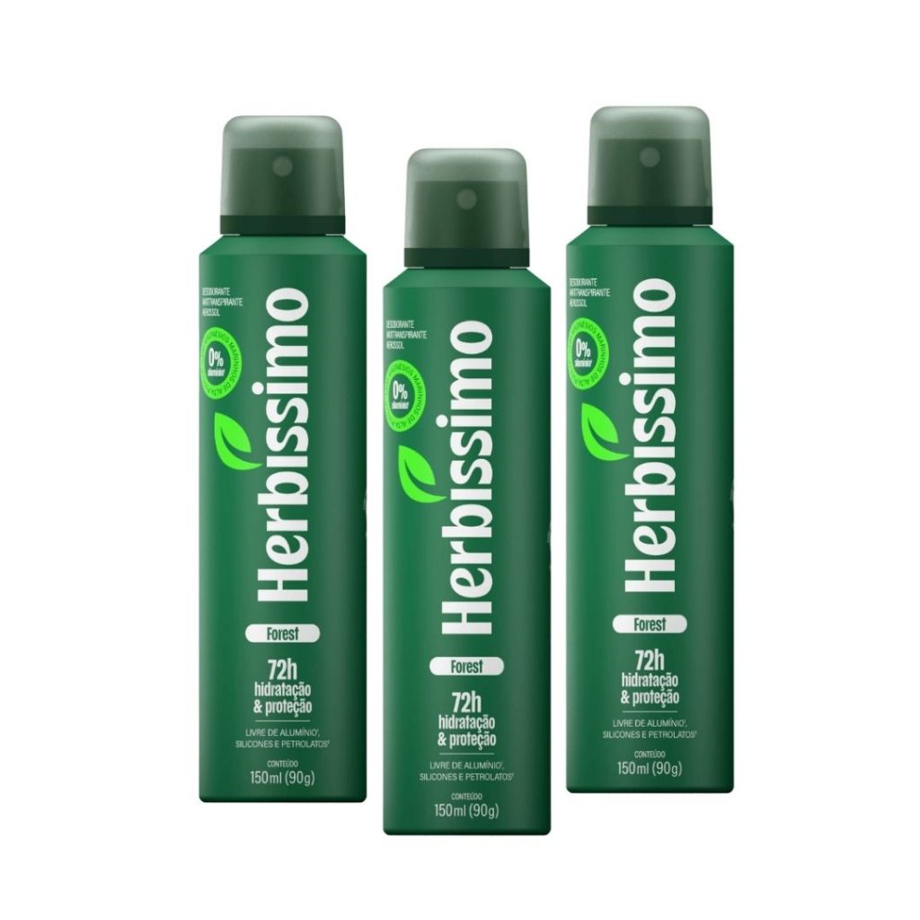 Kit Desodorante Antitranspirante Aerossol Zero Alumínio Herbíssimo Forest 150ml MASCULINO (3 unidades)