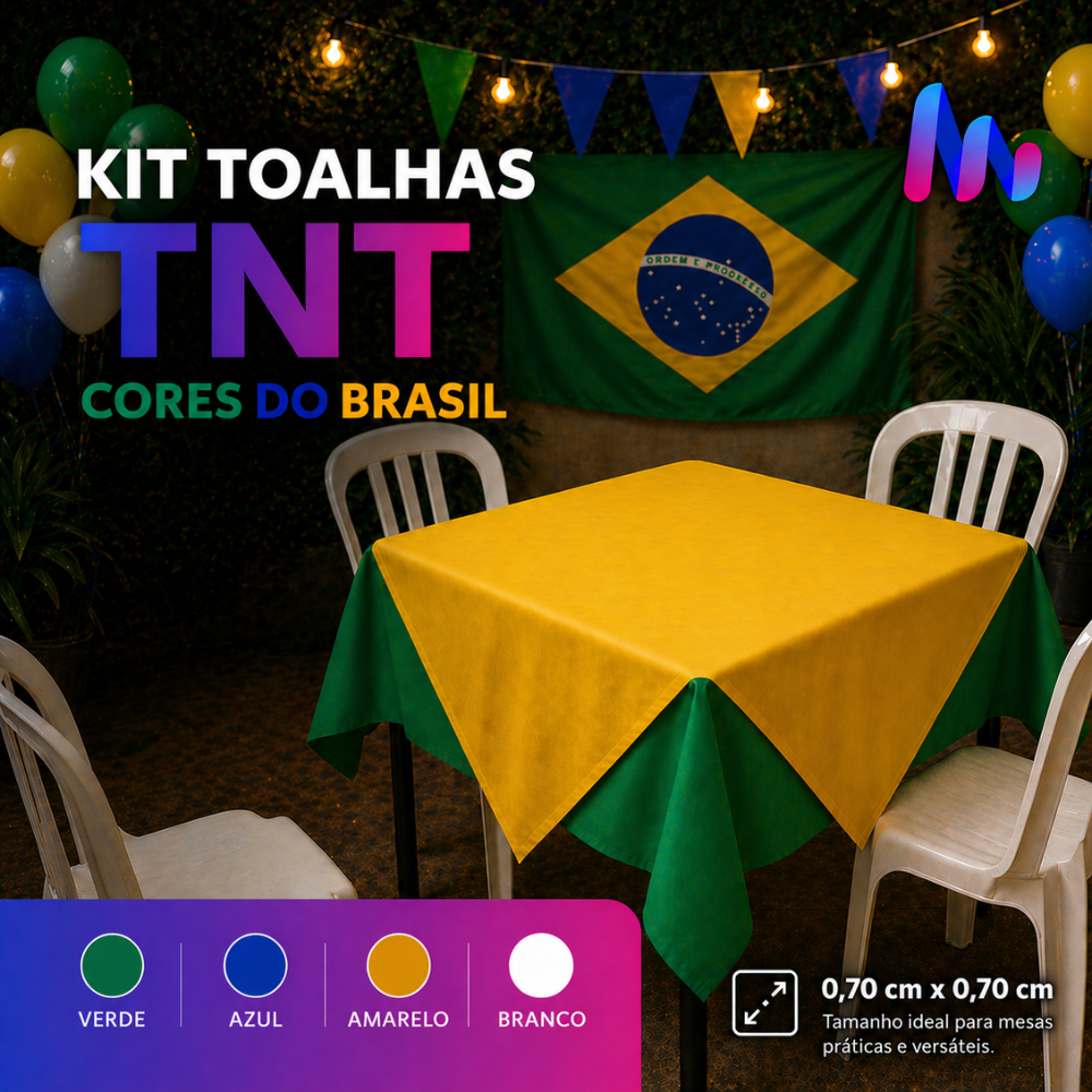 Kit Toalha de Mesa TNT Copa do Mundo Cores do Brasil Amarelo | Azul | Verde | Branco 0,70cm x 0,70cm