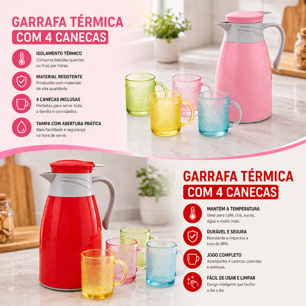 Garrafa Térmica 1L com 4 Copos 190ml Kit Café Chá Rosa Vermelha Prática Resistente