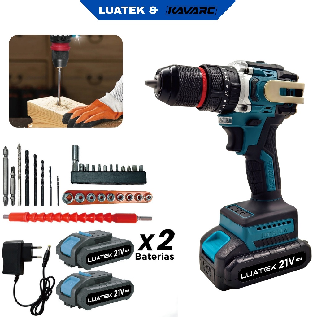 Parafusadeira Furadeira de Impacto 21V Brushless 2 Baterias Kit Completo Para Re