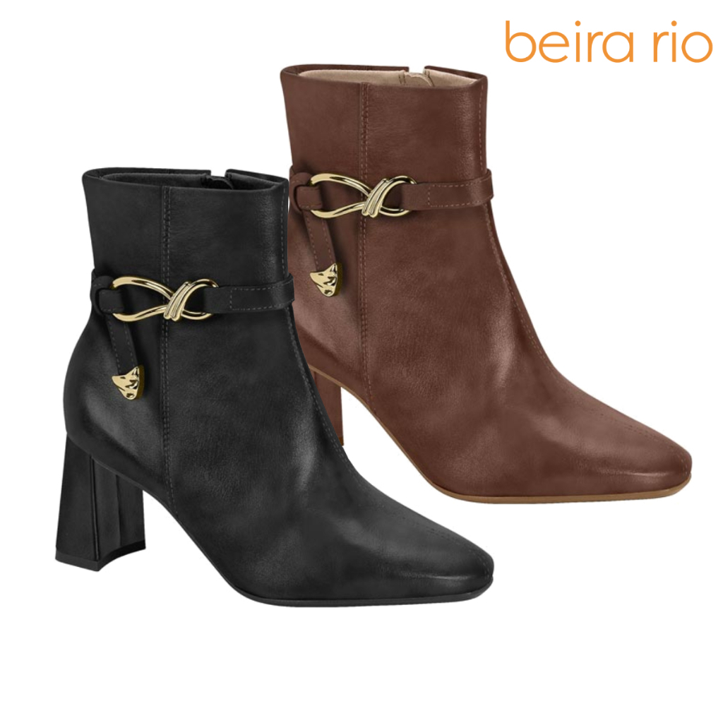 Bota Feminina Beira Rio Cano Curto Salto Grosso Baixo Detalhe Dourado Zíper Confortável Original